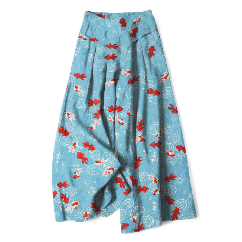 Nimara Ritual Cotton Linen Koi Fish Pattern Women's Elastic Waist Wide Leg Pants With Pockets