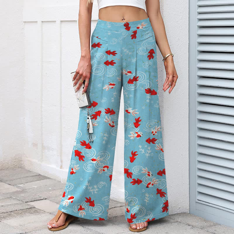 Nimara Ritual Cotton Linen Koi Fish Pattern Women's Elastic Waist Wide Leg Pants With Pockets