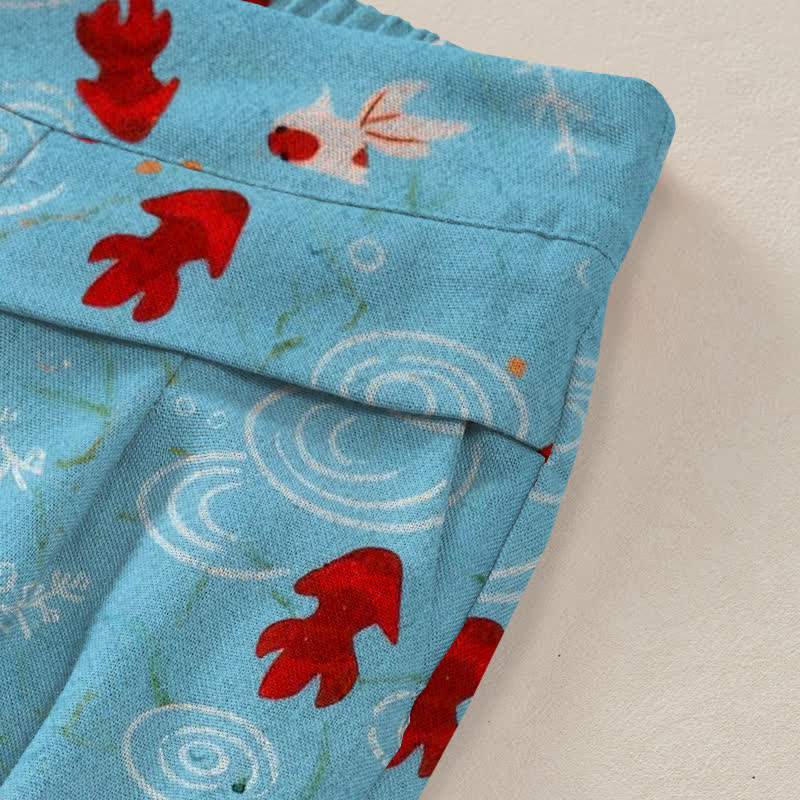 Nimara Ritual Cotton Linen Koi Fish Pattern Women's Elastic Waist Wide Leg Pants With Pockets
