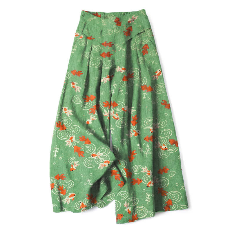 Nimara Ritual Cotton Linen Koi Fish Pattern Women's Elastic Waist Wide Leg Pants With Pockets