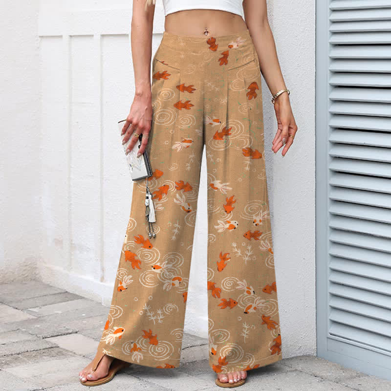 Nimara Ritual Cotton Linen Koi Fish Pattern Women's Elastic Waist Wide Leg Pants With Pockets