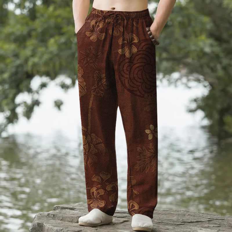 Nimara Ritual Cotton Vintage Floral Pattern Men's Tapered Pants With Pockets