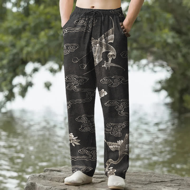 Nimara Ritual Cotton White Crane Auspicious Cloud Pattern Men's Tapered Pants With Pockets