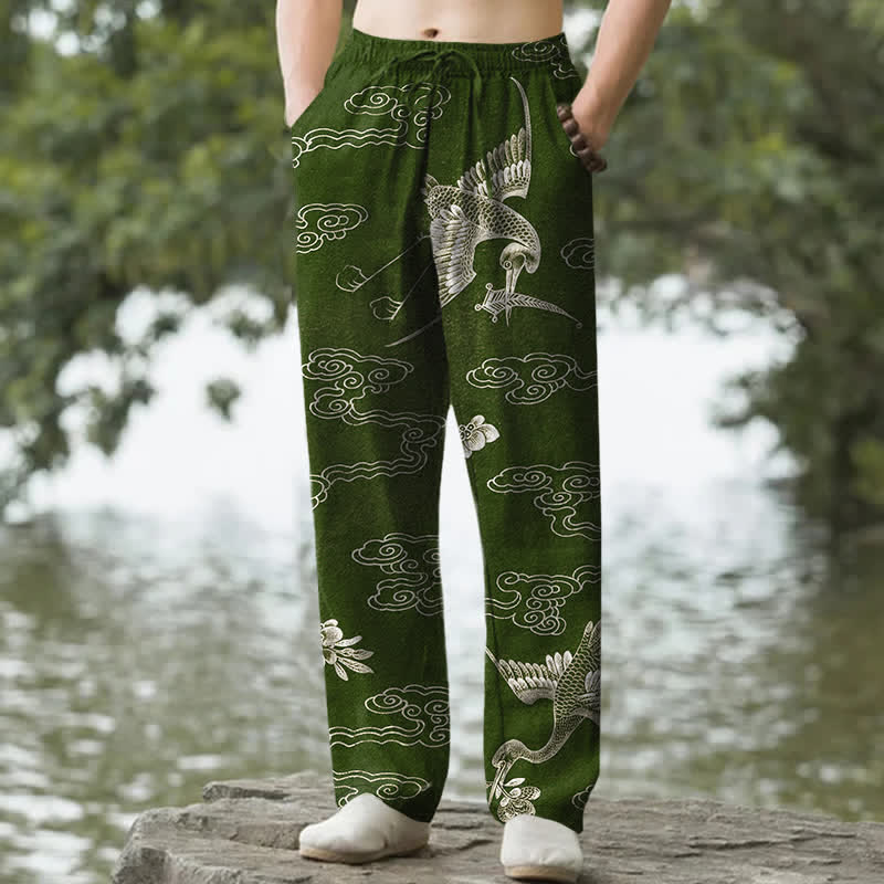 Nimara Ritual Cotton White Crane Auspicious Cloud Pattern Men's Tapered Pants With Pockets