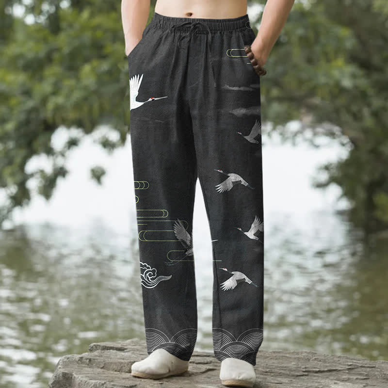 Nimara Ritual Cotton White Crane Wave Pattern Men's Tapered Pants With Pockets