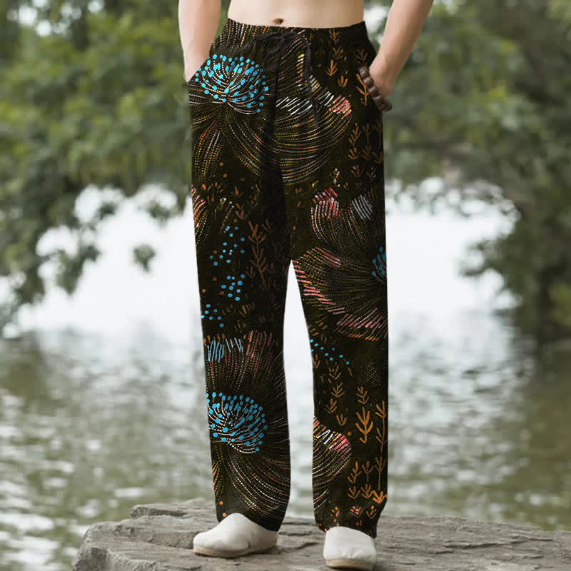 Nimara Ritual Cotton Blooming Floral Pattern Men's Tapered Pants With Pockets