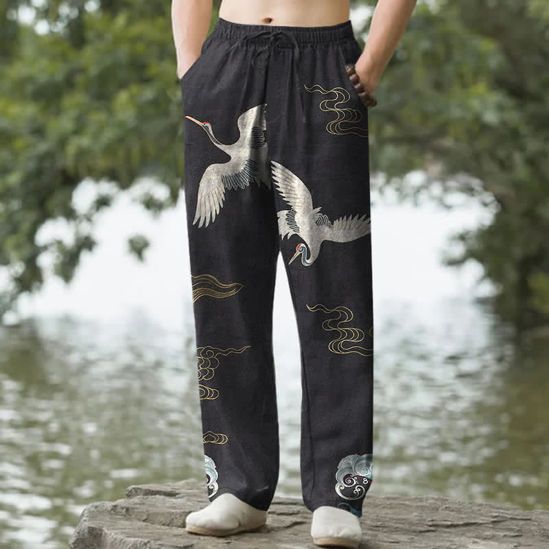 Nimara Ritual Cotton Crane Cloud And Ocean Wave Pattern Men's Tapered Pants With Pockets