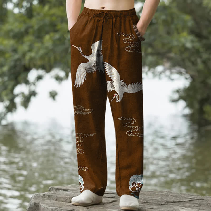 Nimara Ritual Cotton Crane Cloud And Ocean Wave Pattern Men's Tapered Pants With Pockets