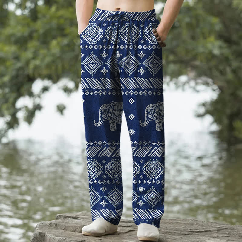 Nimara Ritual Cotton Elephant Tribal Pattern Men's Tapered Pants With Pockets