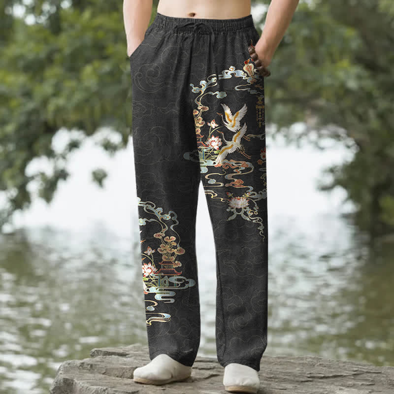 Nimara Ritual Cotton White Crane Auspicious Clouds And Pavilion Lotus Pattern Men's Tapered Pants With Pockets