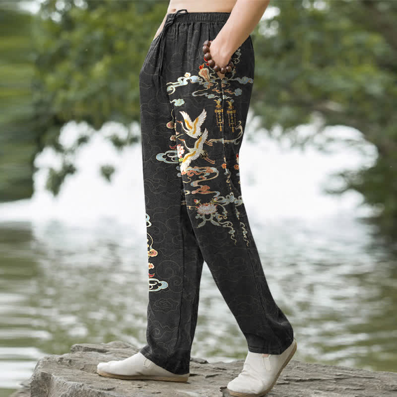 Nimara Ritual Cotton White Crane Auspicious Clouds And Pavilion Lotus Pattern Men's Tapered Pants With Pockets