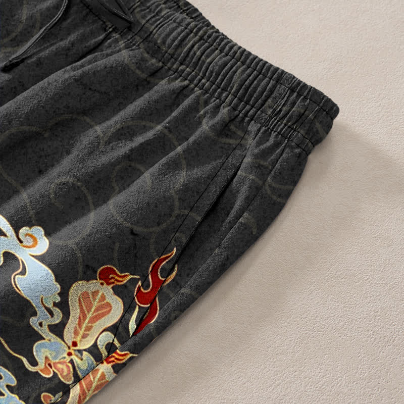 Nimara Ritual Cotton White Crane Auspicious Clouds And Pavilion Lotus Pattern Men's Tapered Pants With Pockets