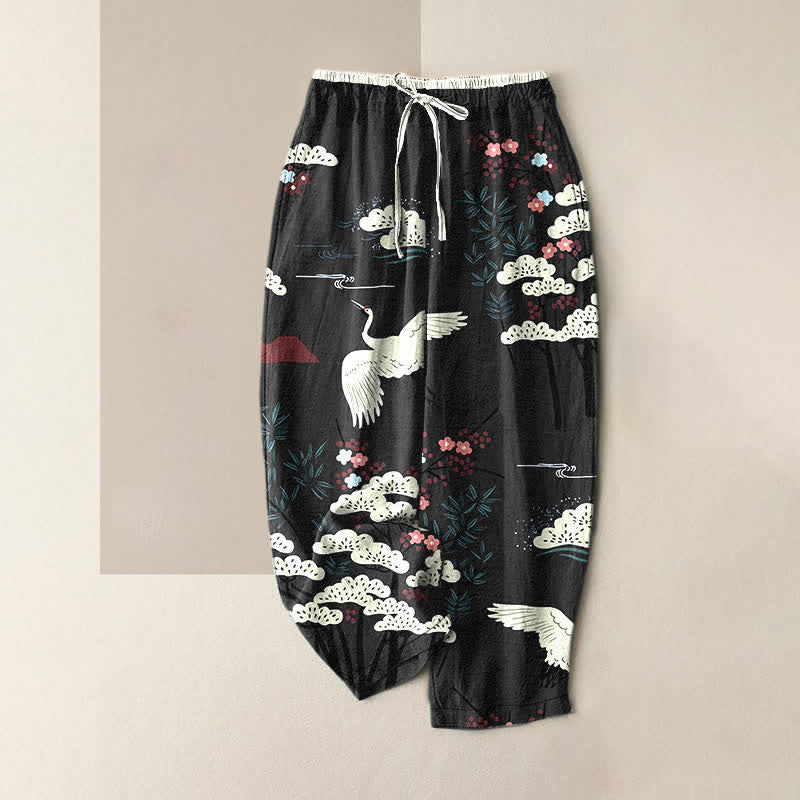 Nimara Ritual Pure Cotton Graceful Crane And White Tree Pattern Women's Elastic Waist Pants With Pockets