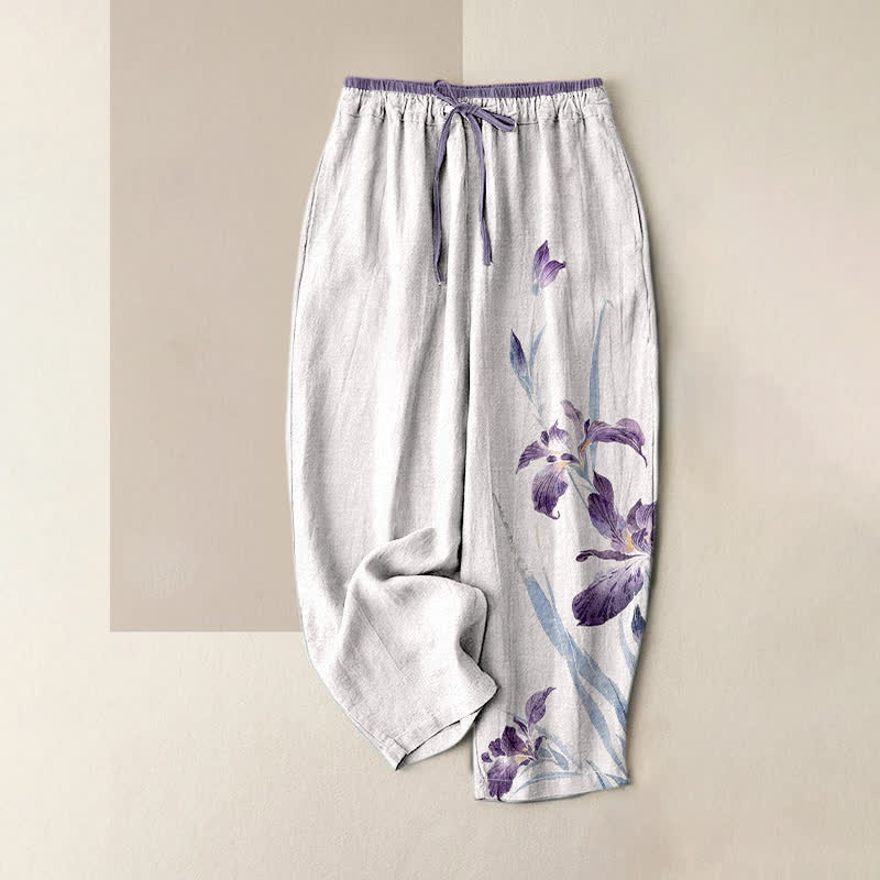 Nimara Ritual Pure Cotton Graceful Iris Pattern Women's Elastic Waist Pants With Pockets