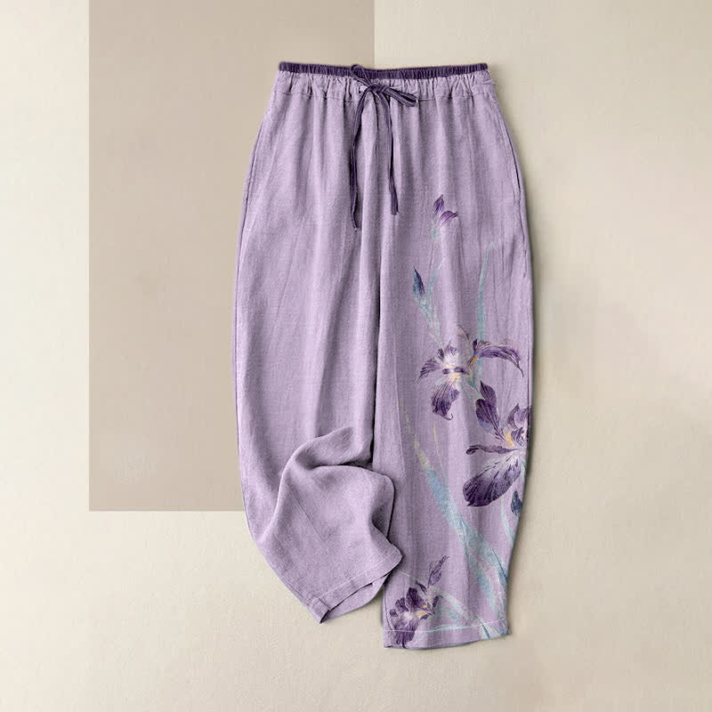 Nimara Ritual Pure Cotton Graceful Iris Pattern Women's Elastic Waist Pants With Pockets