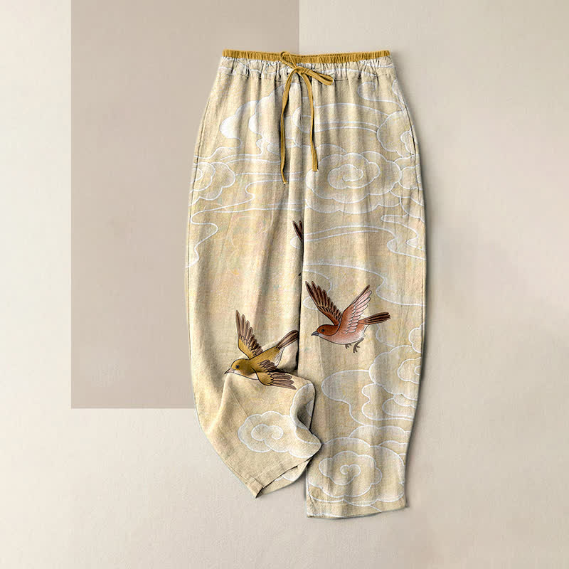 Nimara Ritual Pure Cotton Cloud and Flying Bird Pattern Women's Elastic Waist Pants With Pockets