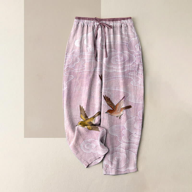 Nimara Ritual Pure Cotton Cloud and Flying Bird Pattern Women's Elastic Waist Pants With Pockets