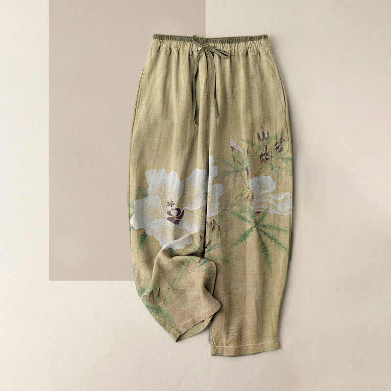 Nimara Ritual Pure Cotton White Floral Leaf Pattern Women's Elastic Waist Pants With Pockets