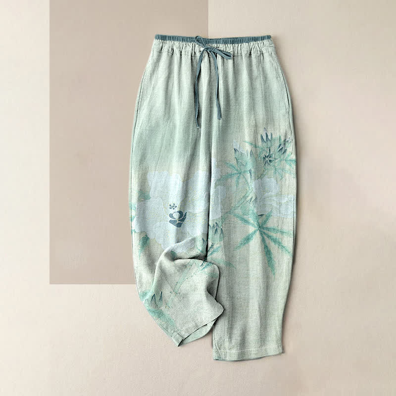 Nimara Ritual Pure Cotton White Floral Leaf Pattern Women's Elastic Waist Pants With Pockets