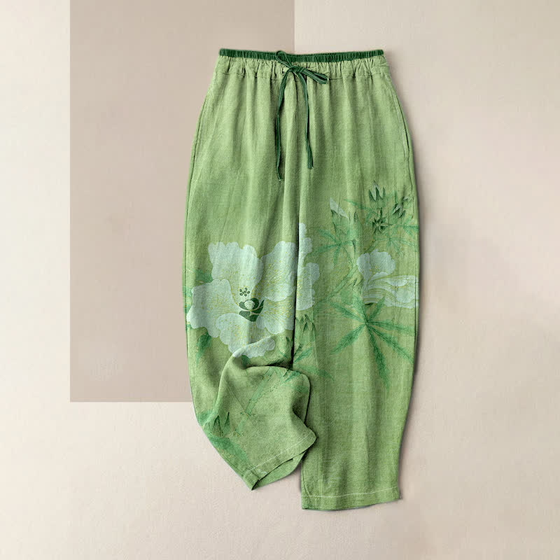 Nimara Ritual Pure Cotton White Floral Leaf Pattern Women's Elastic Waist Pants With Pockets