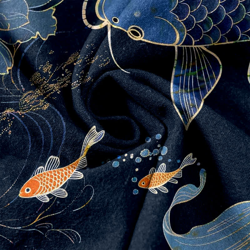 Nimara Ritual Pure Cotton Koi Fish Lotus Pattern Women's Elastic Waist Pants With Pockets