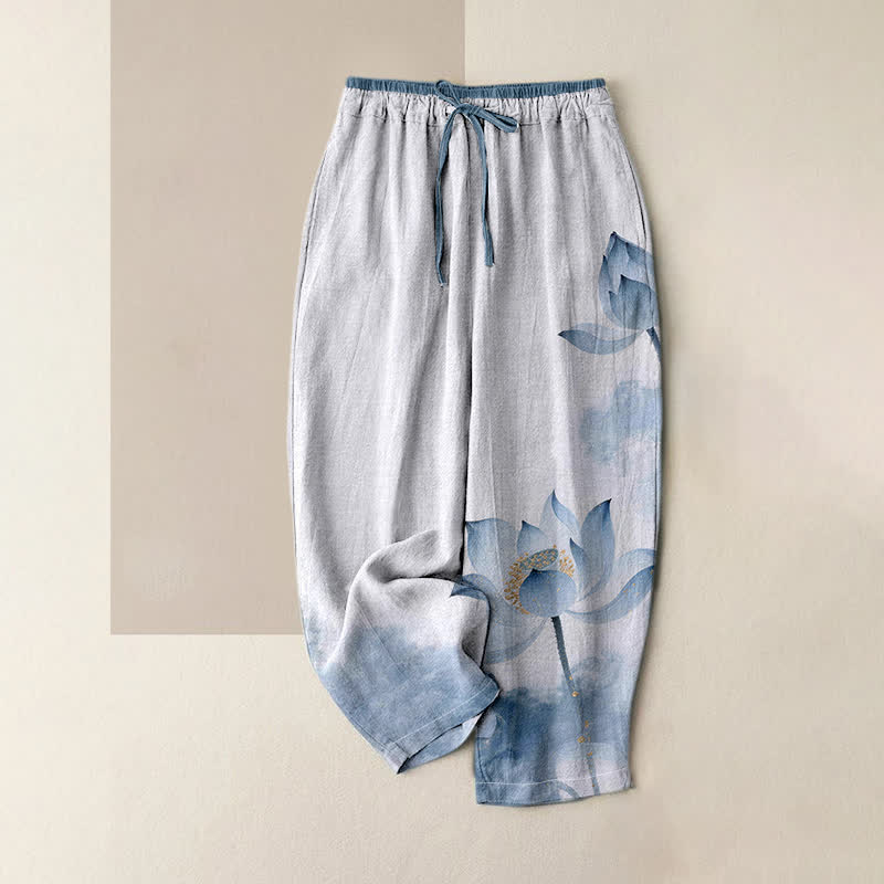 Nimara Ritual Pure Cotton Lotus Ink Pattern Women's Elastic Waist Pants With Pockets