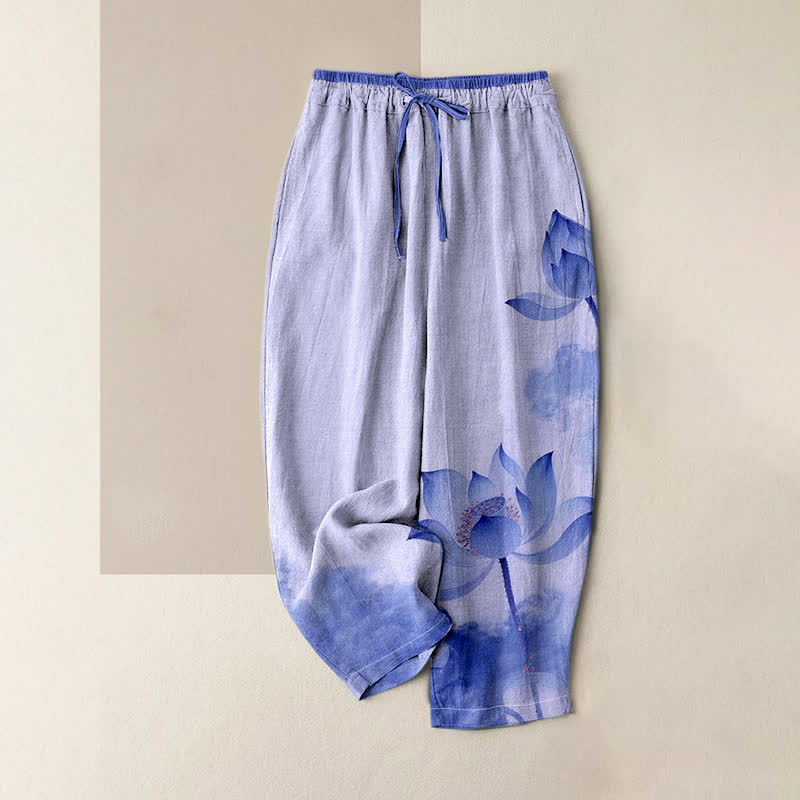 Nimara Ritual Pure Cotton Lotus Ink Pattern Women's Elastic Waist Pants With Pockets