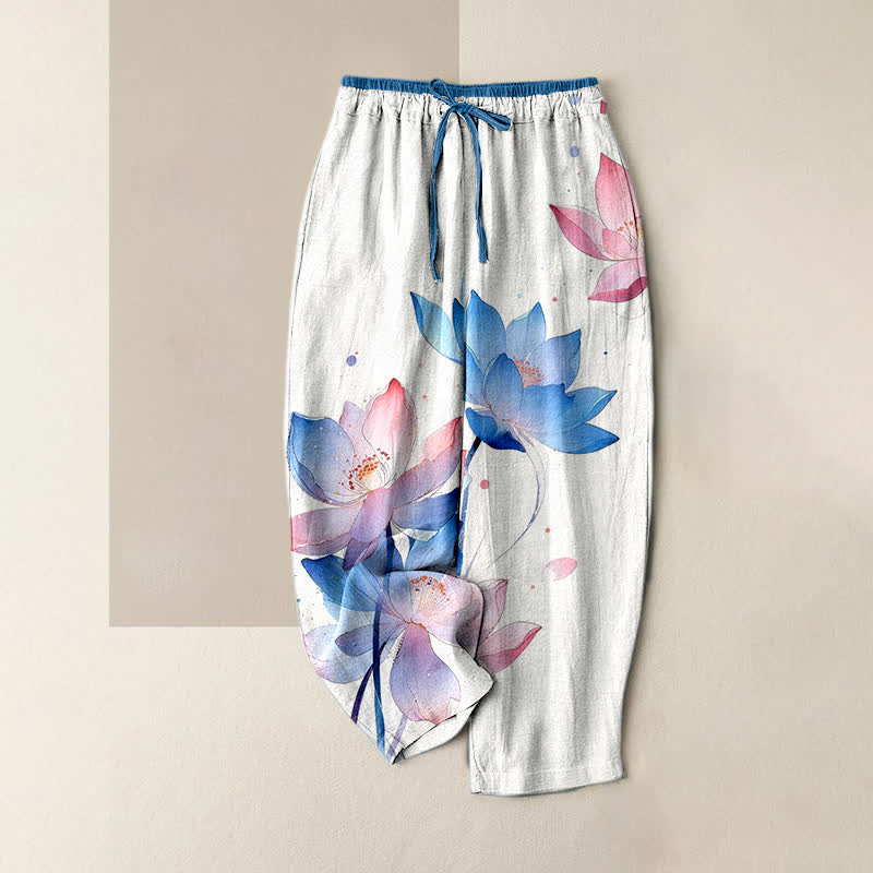 Nimara Ritual Pure Cotton Watercolor Lotus Pattern Women's Elastic Waist Pants With Pockets