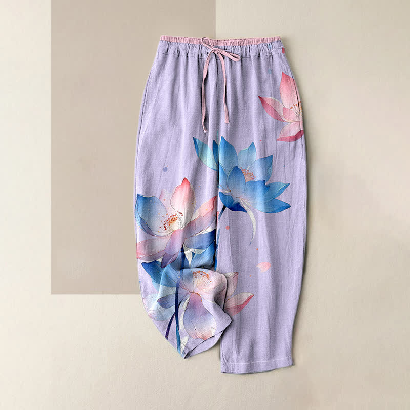 Nimara Ritual Pure Cotton Watercolor Lotus Pattern Women's Elastic Waist Pants With Pockets