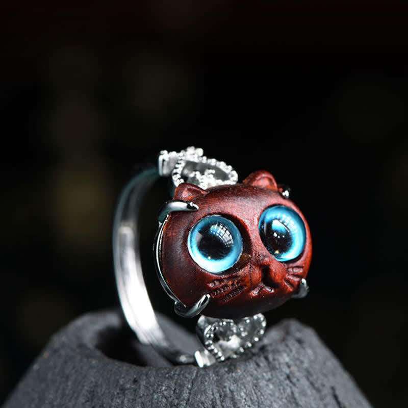 Nimara Ritual Small Leaf Red Sandalwood Cat Longevity Adjustable Ring