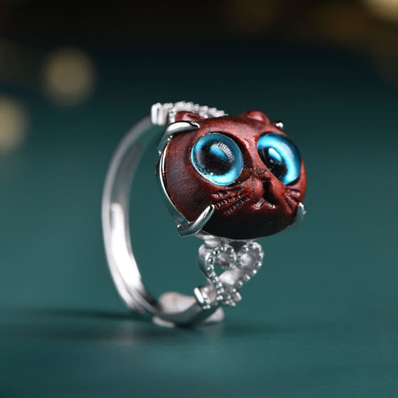 Nimara Ritual Small Leaf Red Sandalwood Cat Longevity Adjustable Ring