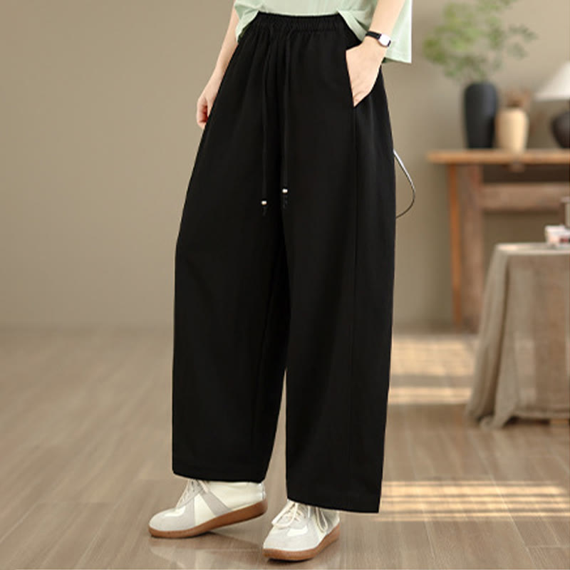 Nimara Ritual Summer Casual Drawstring Solid Cropped Pants Women's Wide Leg Pants With Pockets