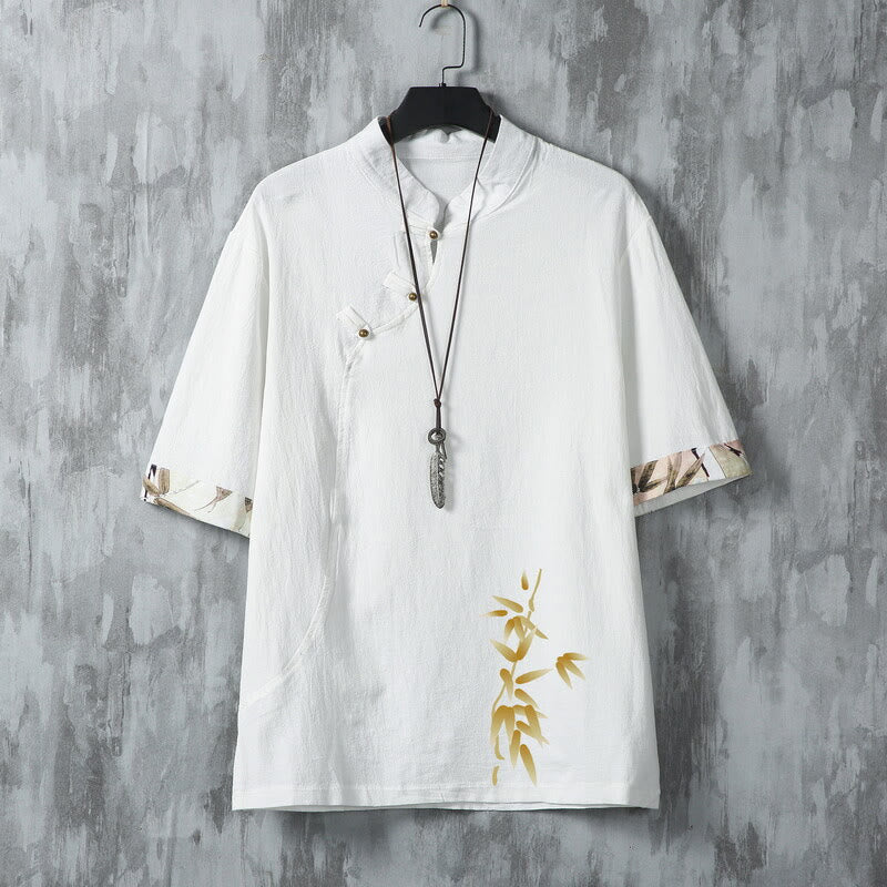Nimara Ritual Summer Tang Style Casual Frog Button Bamboo Men's Short Sleeve Shirts