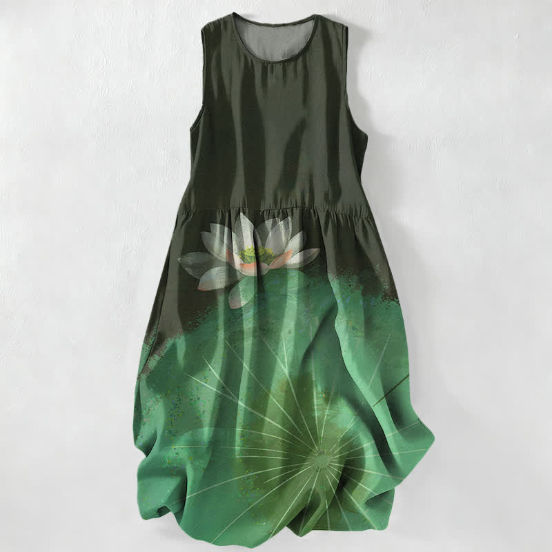 Nimara Ritual Summer Casual Lotus Pond Pattern Women's Summer Sleeveless Midi Dress With Pockets