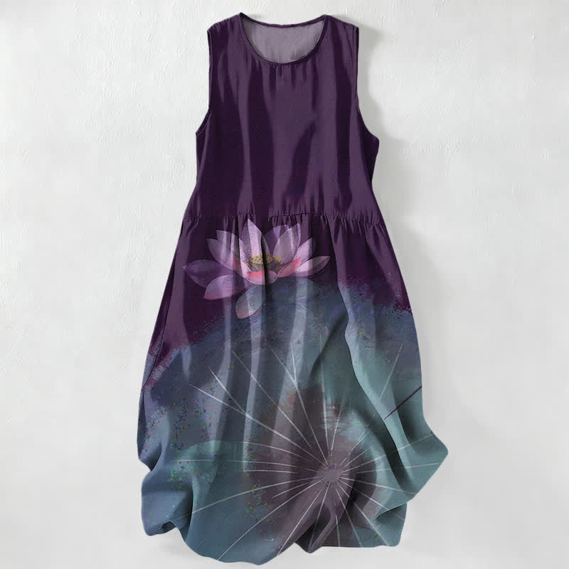 Nimara Ritual Summer Casual Lotus Pond Pattern Women's Summer Sleeveless Midi Dress With Pockets