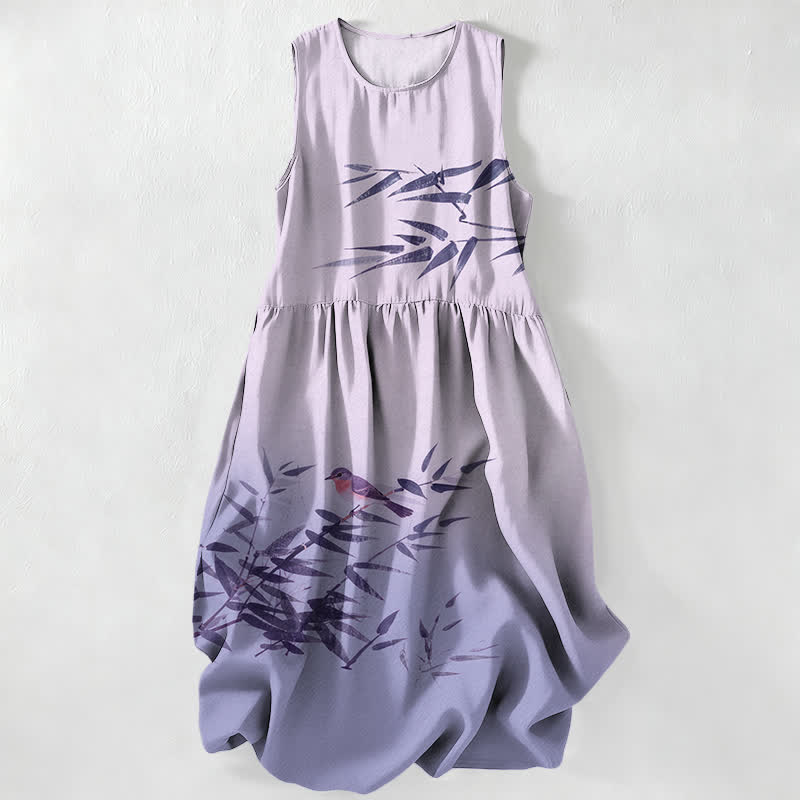 Nimara Ritual Summer Casual Bamboo Bird Pattern Women's Summer Sleeveless Midi Dress With Pockets