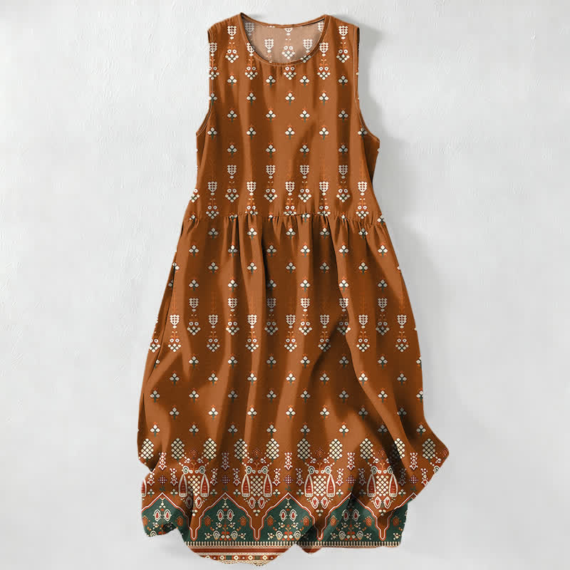 Nimara Ritual Summer Casual Bohemian Geometric Floral Border Pattern Women's Summer Sleeveless Midi Dress With Pockets
