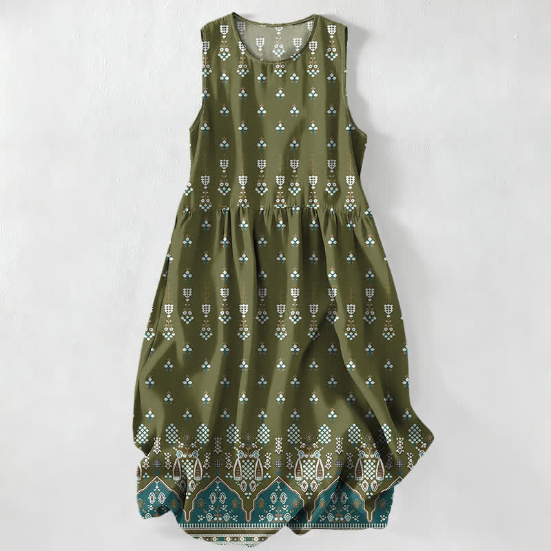 Nimara Ritual Summer Casual Bohemian Geometric Floral Border Pattern Women's Summer Sleeveless Midi Dress With Pockets