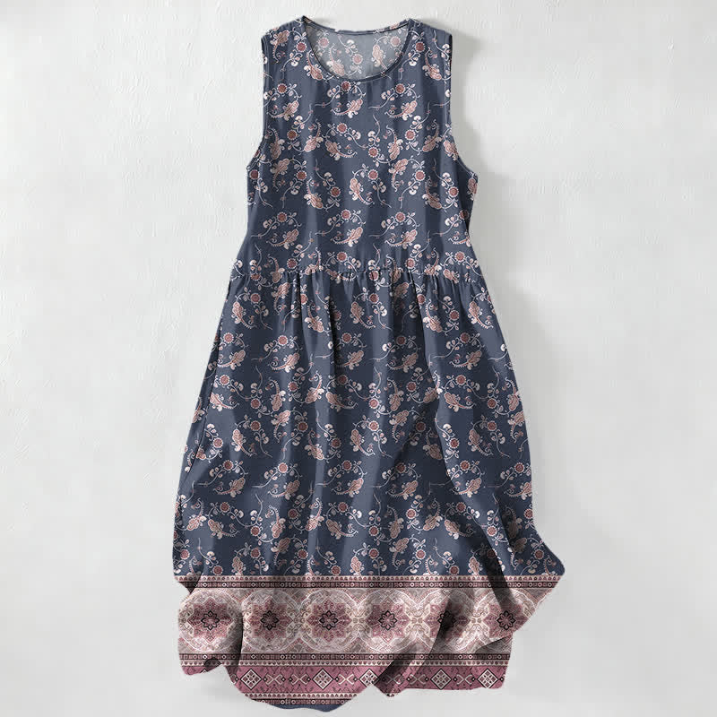 Nimara Ritual Summer Casual Floral Vine Border Pattern Women's Summer Sleeveless Midi Dress With Pockets