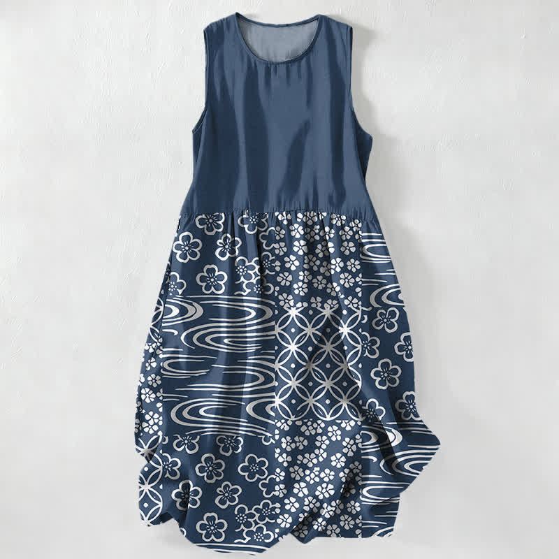 Nimara Ritual Summer Casual Wave Floral Patchwork Pattern Women's Summer Sleeveless Midi Dress With Pockets