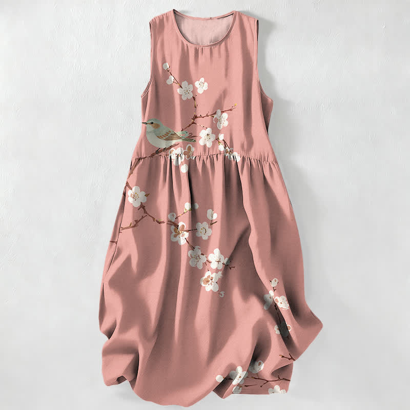 Nimara Ritual Summer Casual Blossom Bird Branches Pattern Women's Summer Sleeveless Midi Dress With Pockets