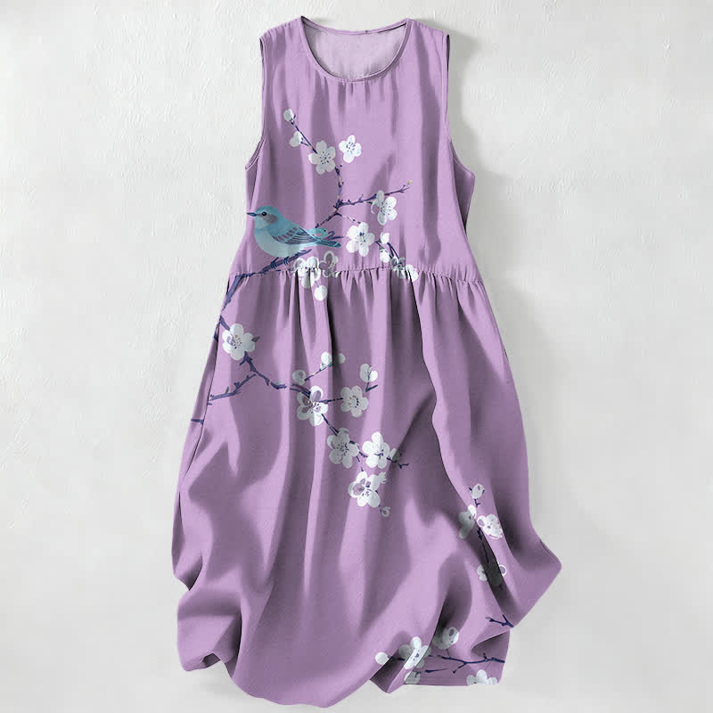 Nimara Ritual Summer Casual Blossom Bird Branches Pattern Women's Summer Sleeveless Midi Dress With Pockets