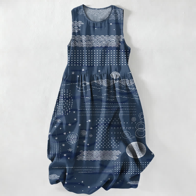 Nimara Ritual Summer Casual Celestial Geometric Waves Pattern Women's Summer Sleeveless Midi Dress With Pockets