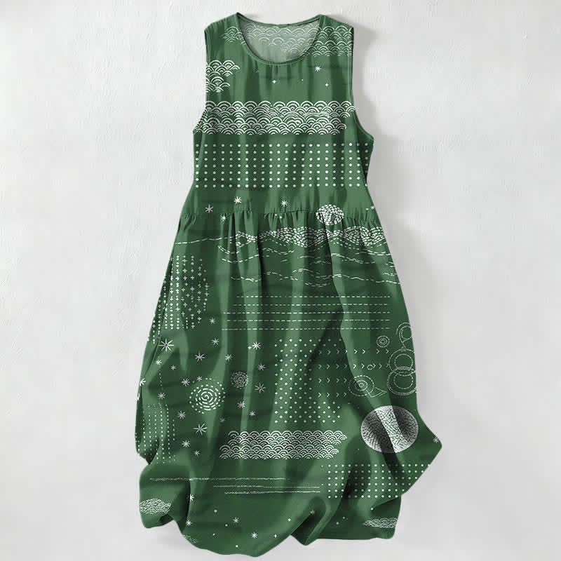 Nimara Ritual Summer Casual Celestial Geometric Waves Pattern Women's Summer Sleeveless Midi Dress With Pockets