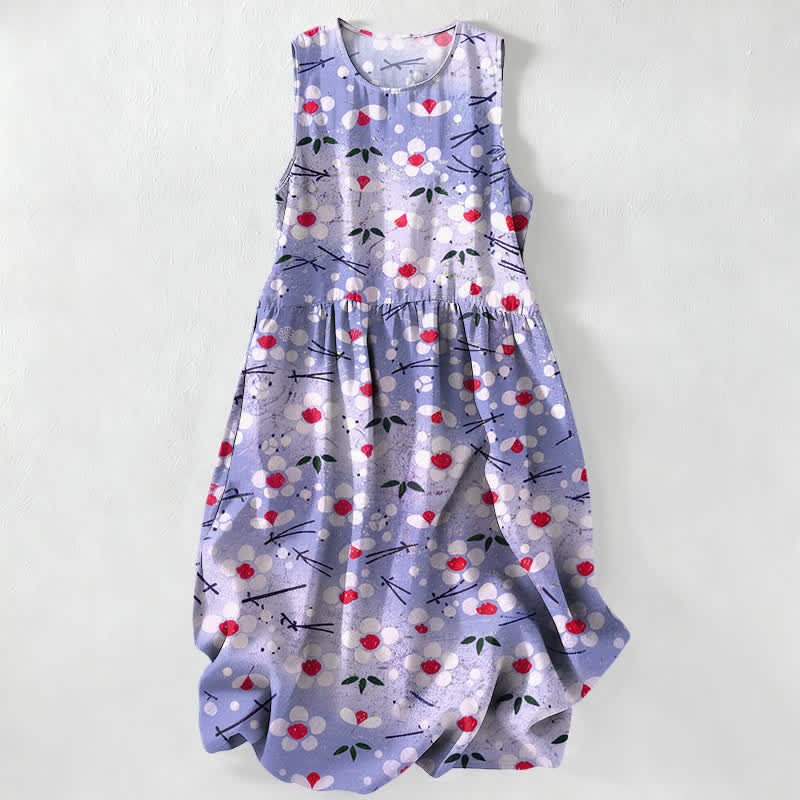 Nimara Ritual Summer Casual Wildflower Berry Branch Pattern Women's Summer Sleeveless Midi Dress With Pockets