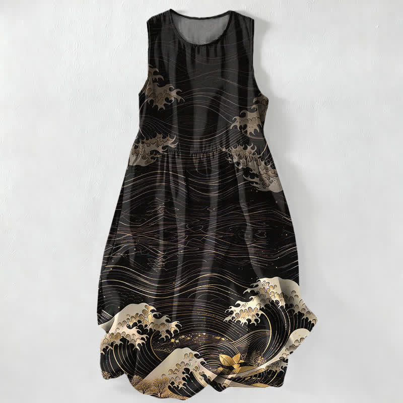 Nimara Ritual Summer Casual Ukiyoe Ocean Waves Pattern Women's Summer Sleeveless Midi Dress With Pockets