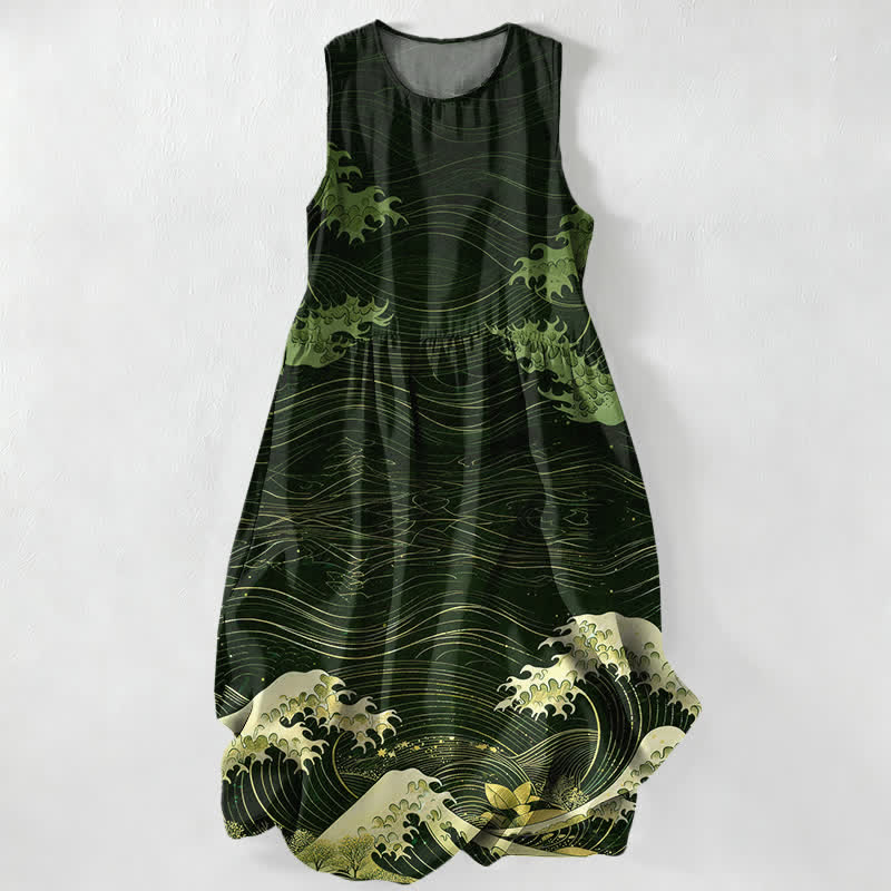 Nimara Ritual Summer Casual Ukiyoe Ocean Waves Pattern Women's Summer Sleeveless Midi Dress With Pockets