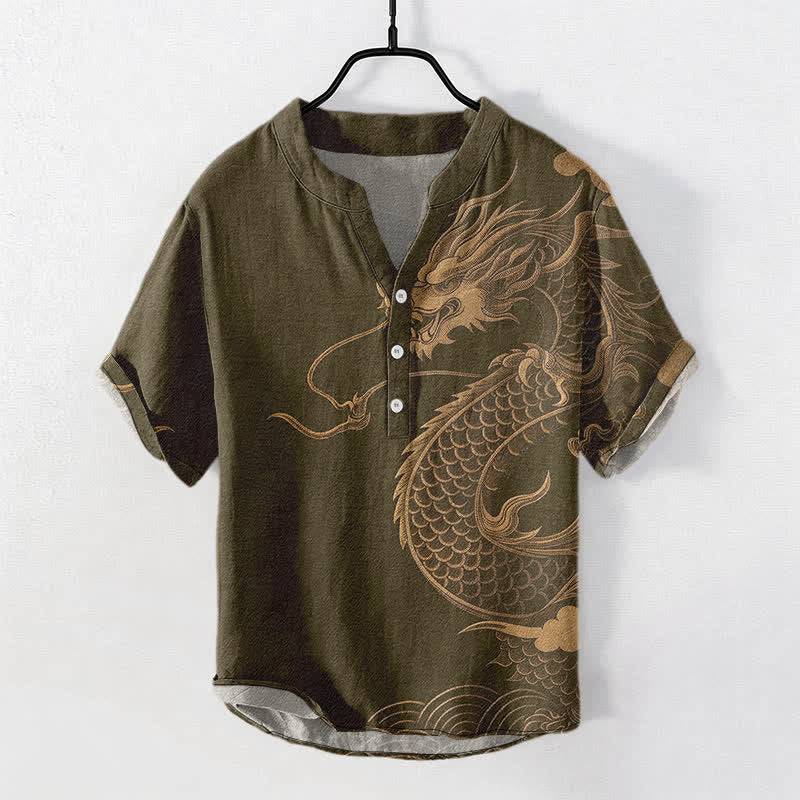Nimara Ritual Cotton Golden Dragon Pattern Men's Short Sleeve Half Button Shirt