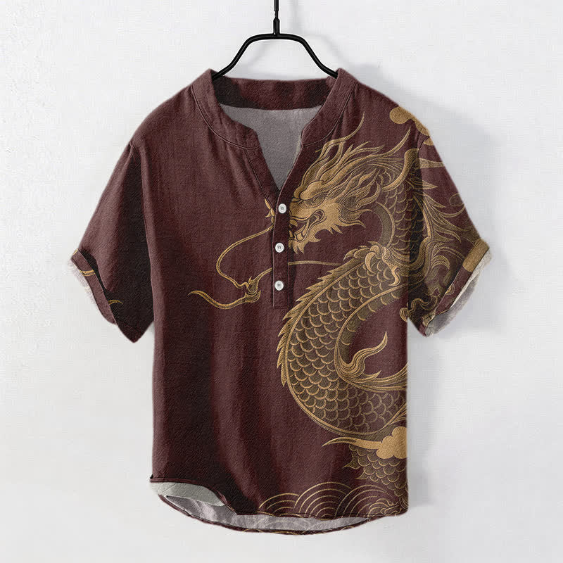 Nimara Ritual Cotton Golden Dragon Pattern Men's Short Sleeve Half Button Shirt