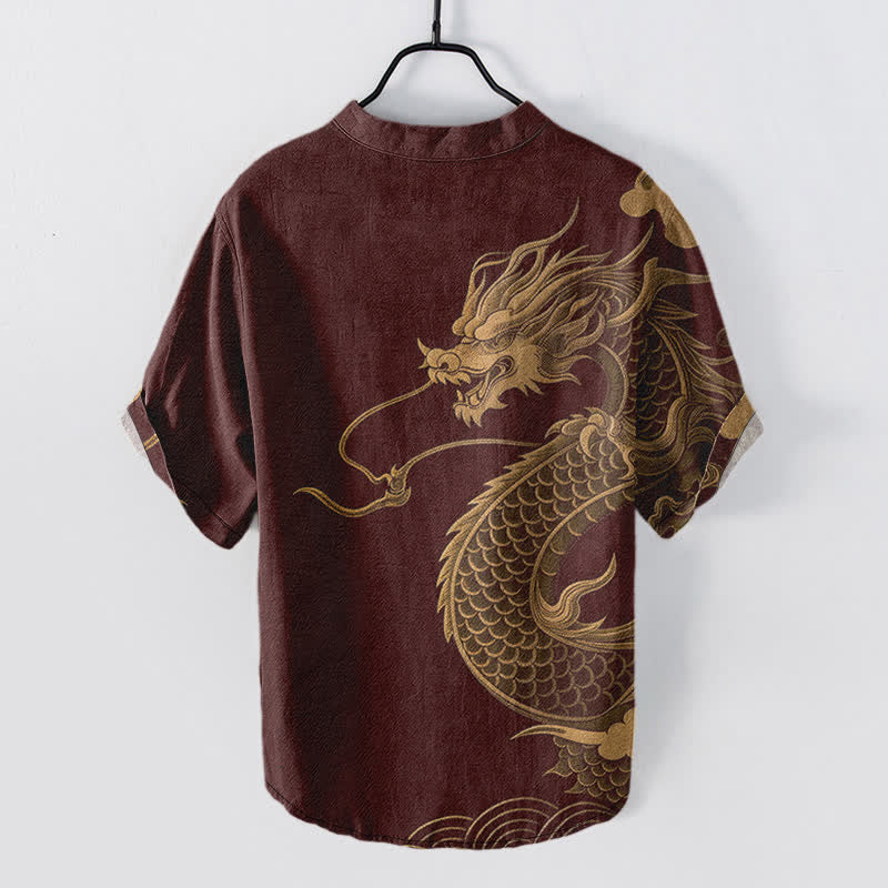 Nimara Ritual Cotton Golden Dragon Pattern Men's Short Sleeve Half Button Shirt